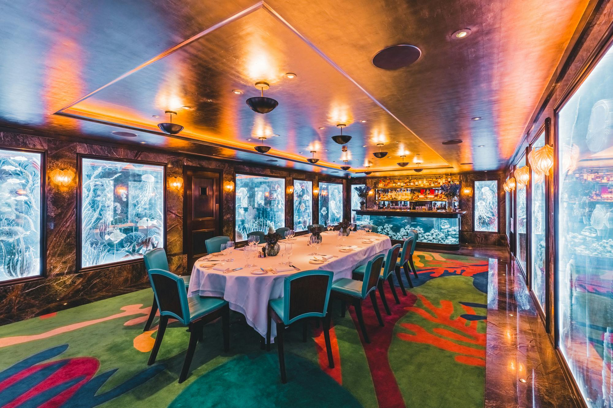 Elegant private dining room at Scott's with vibrant decor for exclusive events.