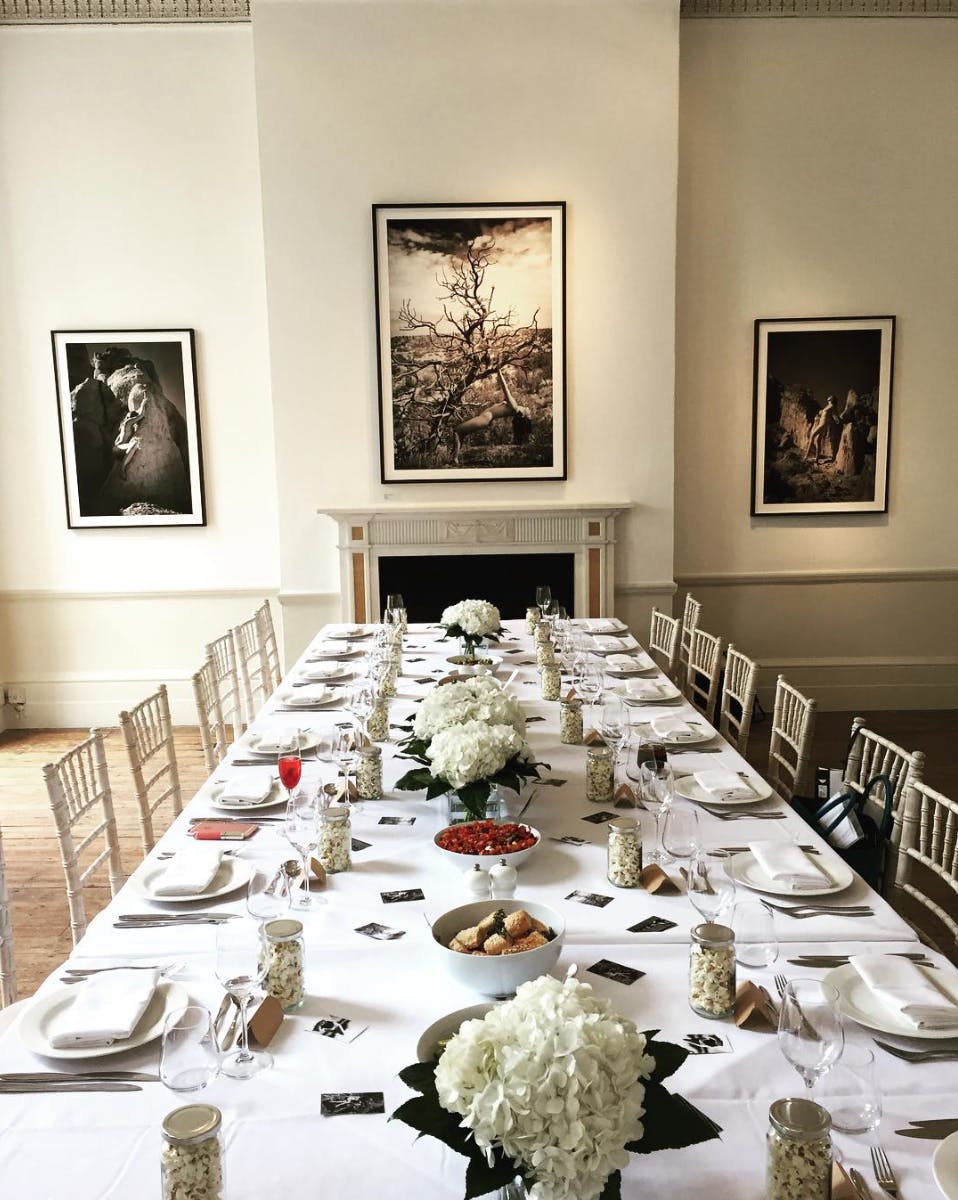 Elegant dining setup in Fitzroy Square House for corporate events and private dinners.