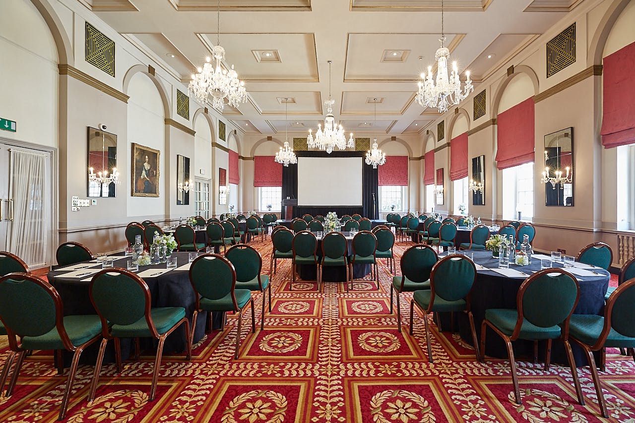Queen Mary Hall event space with elegant chandeliers for conferences and banquets.