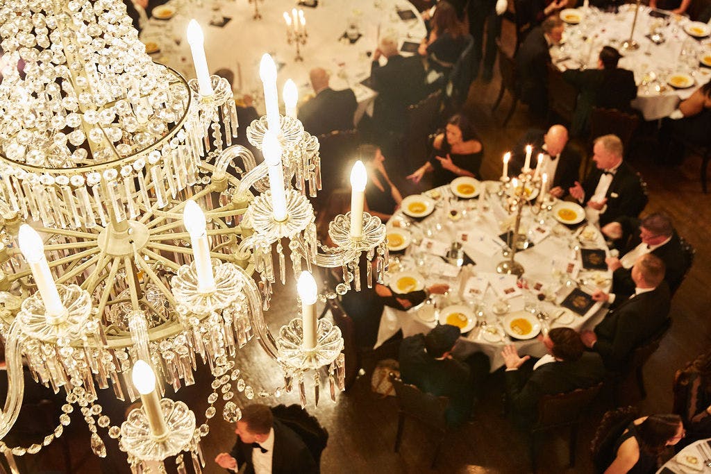 Elegant banquet setup in Ironmongers' Hall, perfect for corporate events and galas.