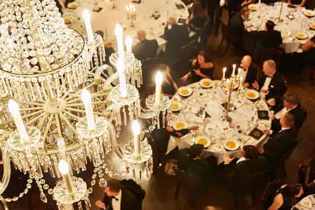 Elegant banquet setup in Ironmongers' Hall, perfect for corporate events and galas.