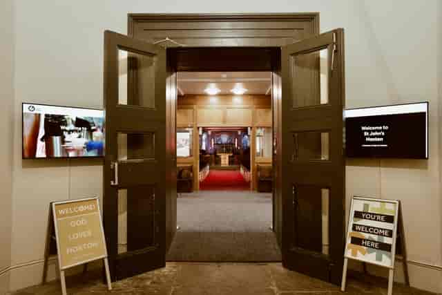 Main Church St John's Hoxton entrance with open doors, perfect for events and meetings.