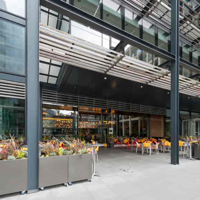 Modern restaurant entrance at The Refinery New Street Square, ideal for events and gatherings.