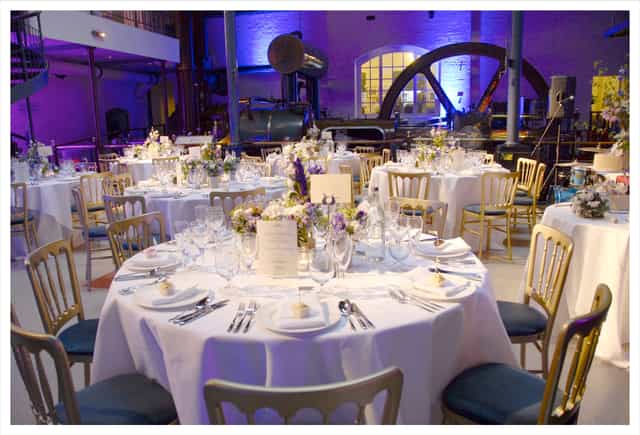 Elegant dining setup in The Steam Hall, ideal for weddings and corporate events.