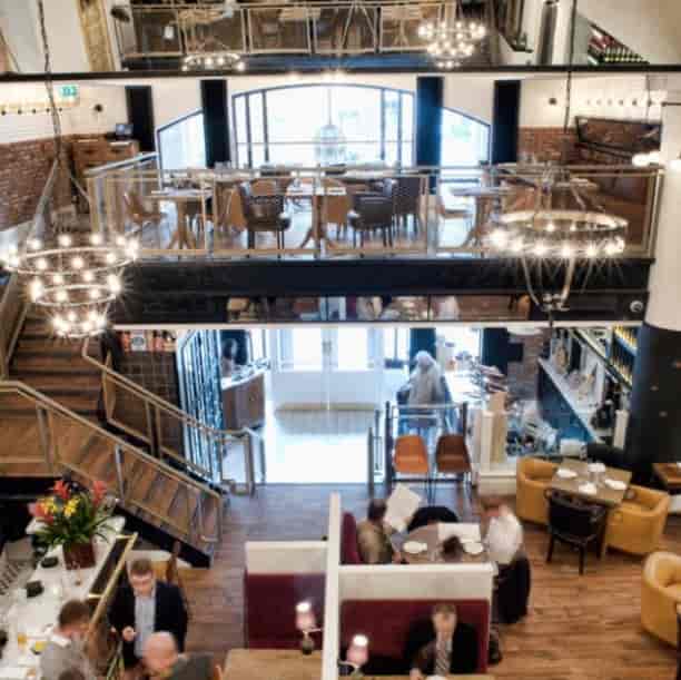 Mezzanine at Iberica Canary Wharf: multi-level venue for networking events and cocktail receptions.