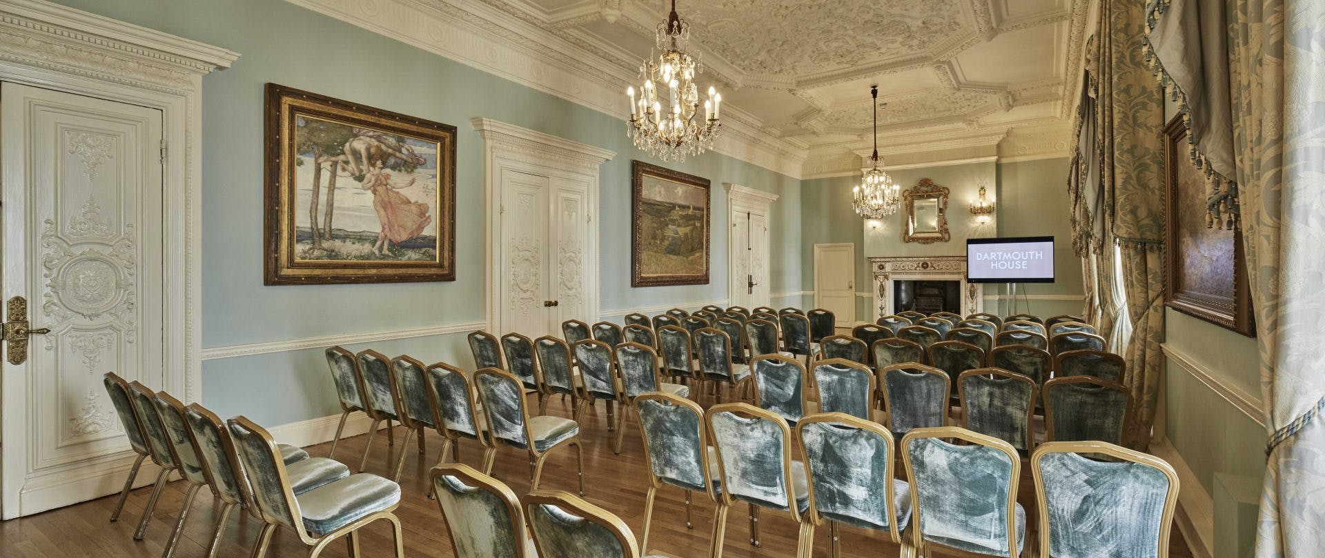 Long Drawing Room in Dartmouth House, elegant chandeliers, corporate events venue.