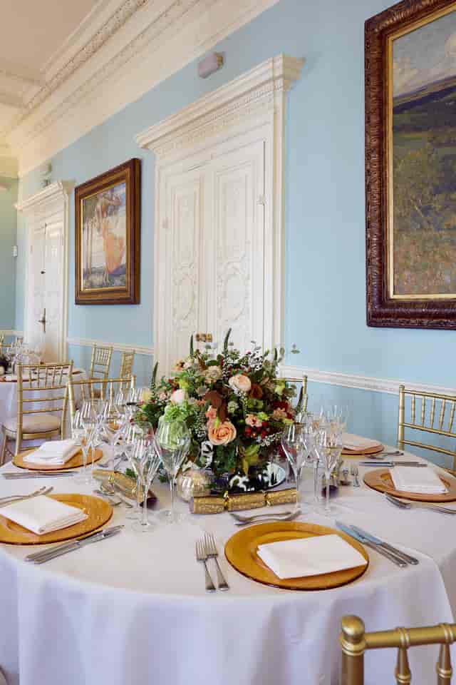 Elegant dining table in Dartmouth House's Long Drawing Room for upscale events.