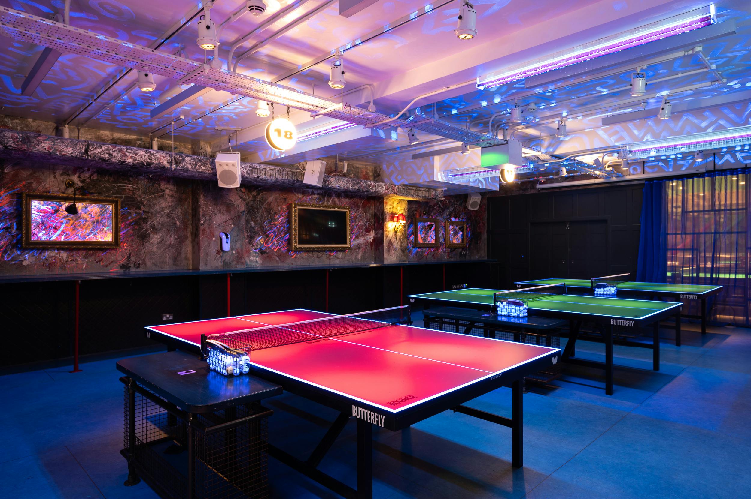 Vibrant event space with ping pong tables for team-building and social mixers in Shoreditch.