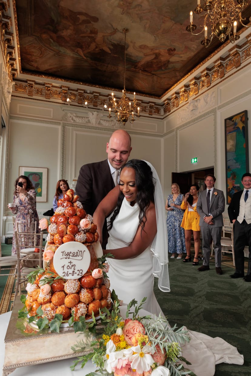 Wedding cake cutting, croquembouche, elegant reception