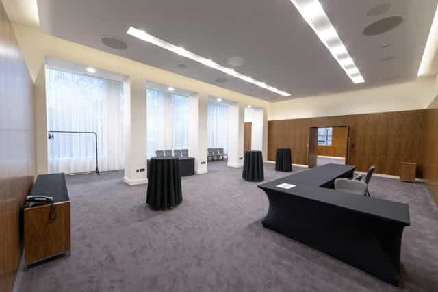 Haslett Room, modern event space, corporate reception, conference setup