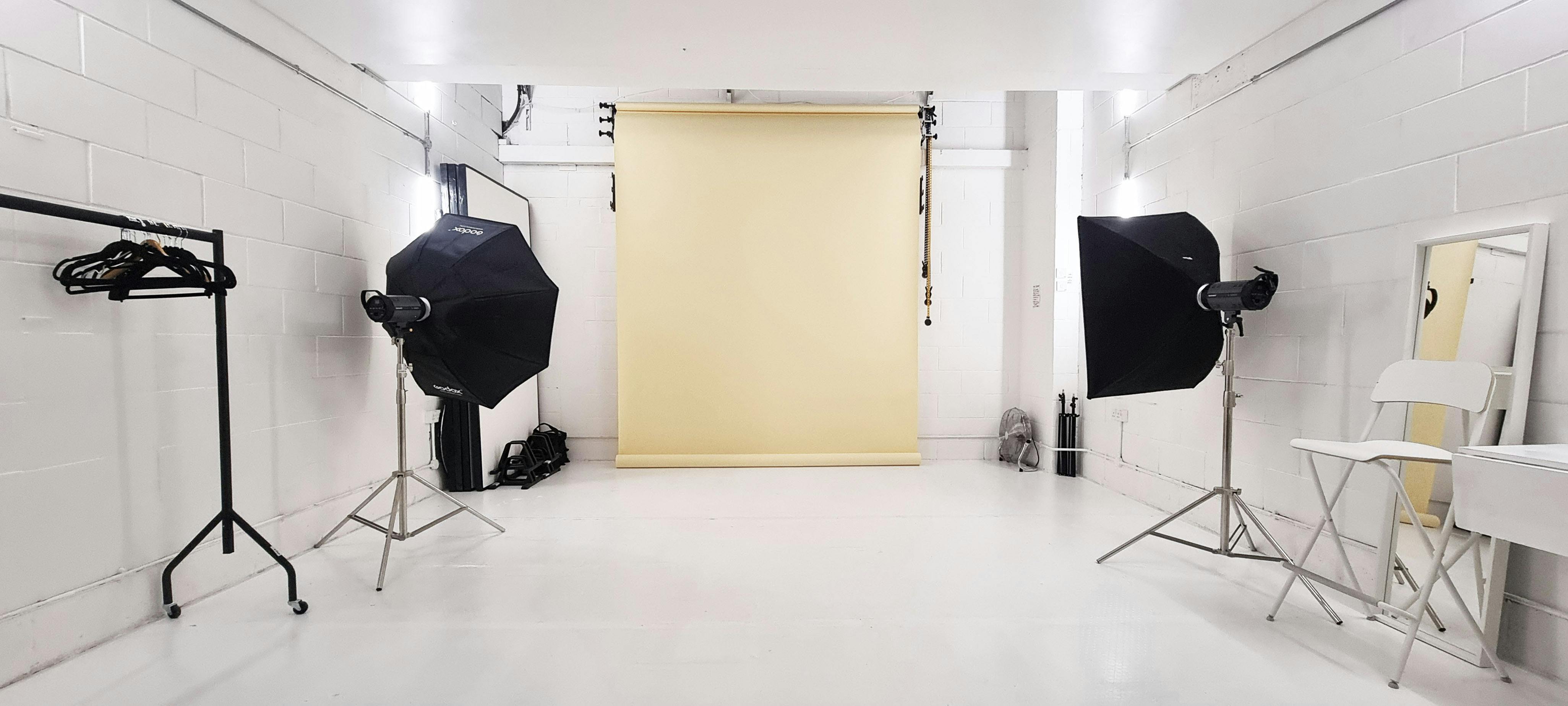 Indra Studios photography venue with neutral backdrop for professional photo shoots.