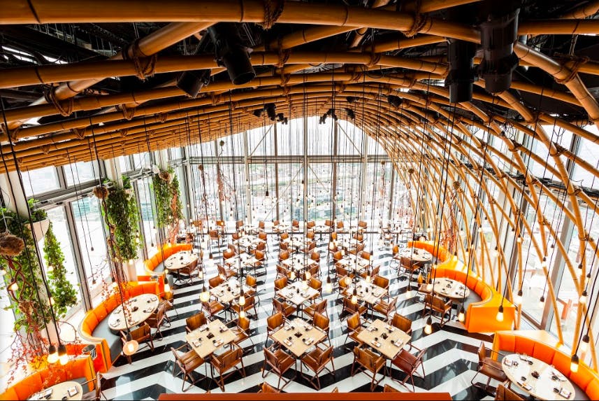 SUSHISAMBA restaurant with bamboo architecture, perfect for events and gatherings.