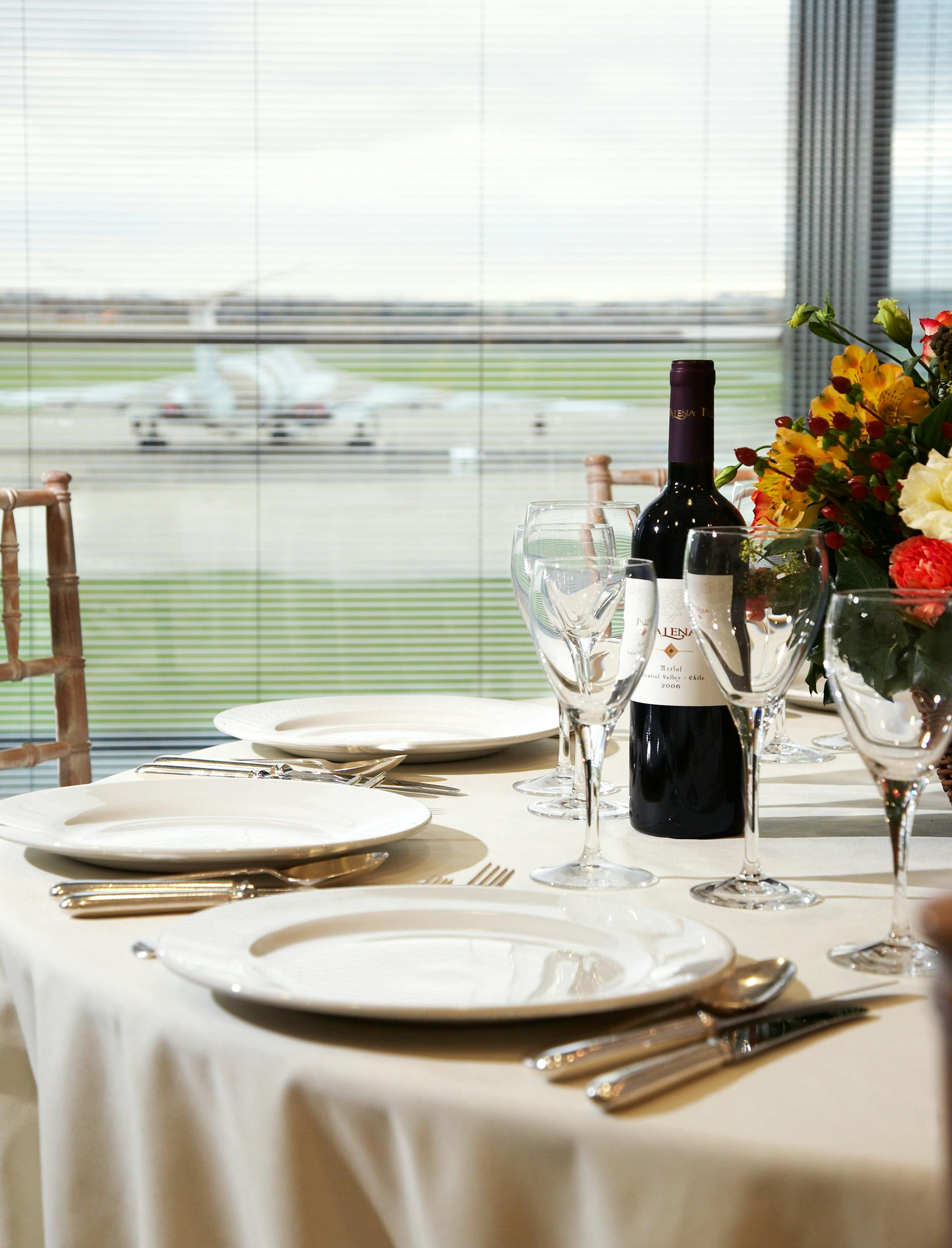 Elegant dining setup in Airside Suite, IWM Duxford for corporate events and gatherings.