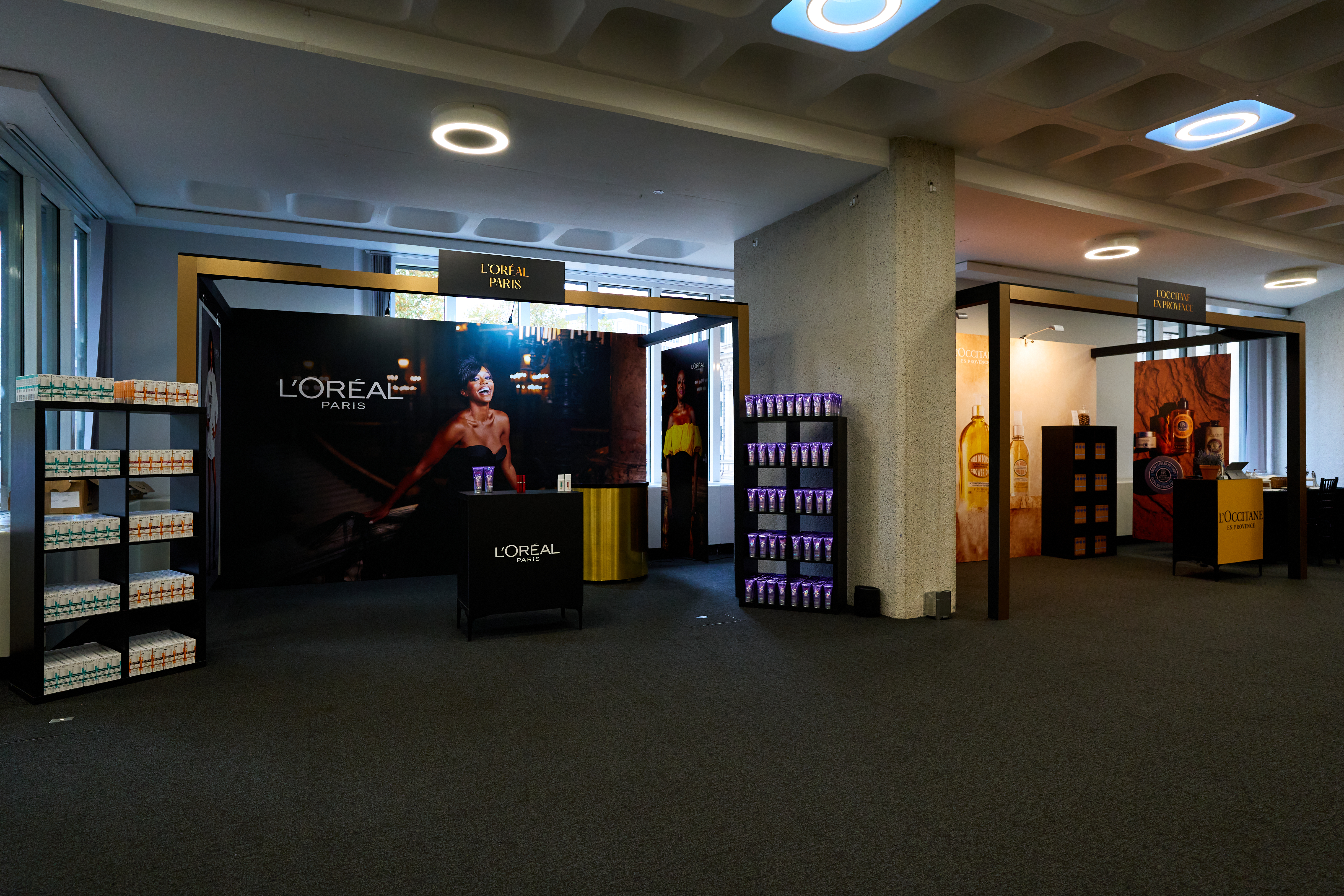 Churchill & Pickwick event space with L’Oréal booths for product launches and promotions. - Banner