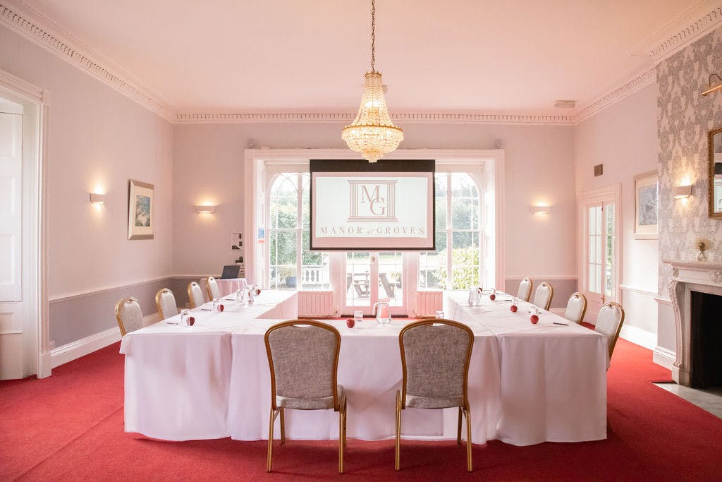 Drawing Room at Manor of Groves Hotel, U-shaped tables for corporate events and meetings.