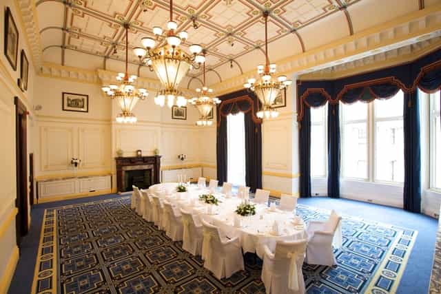 Elegant banquet room in The Meston Suite, ideal for upscale meetings and events.