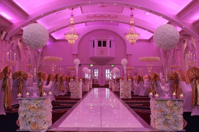 Elegant Grand Ballroom at The Royal Regency, perfect for weddings and upscale galas.