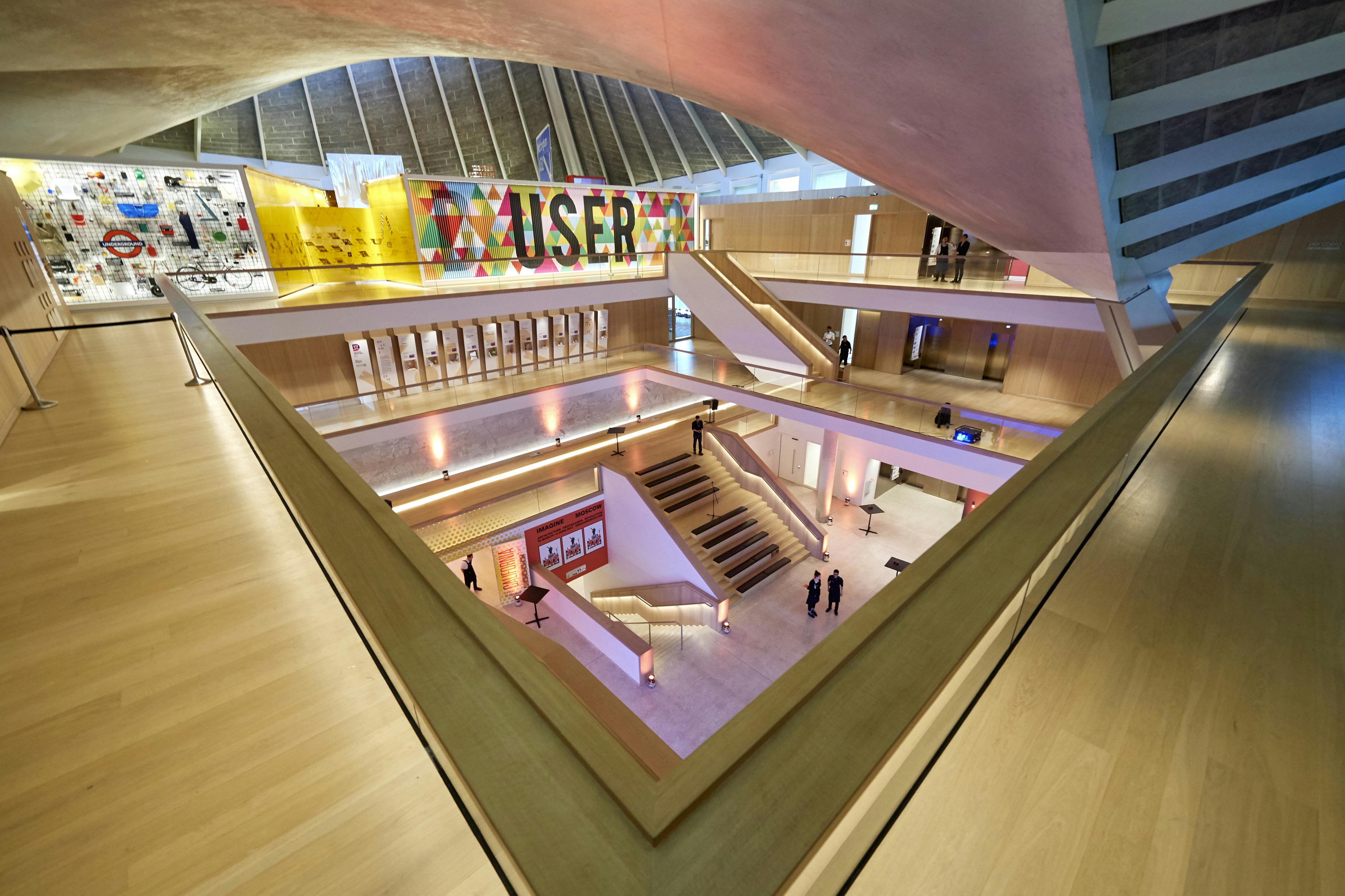 Modern multi-level event space in The Atrium, Design Museum, ideal for networking and exhibitions.