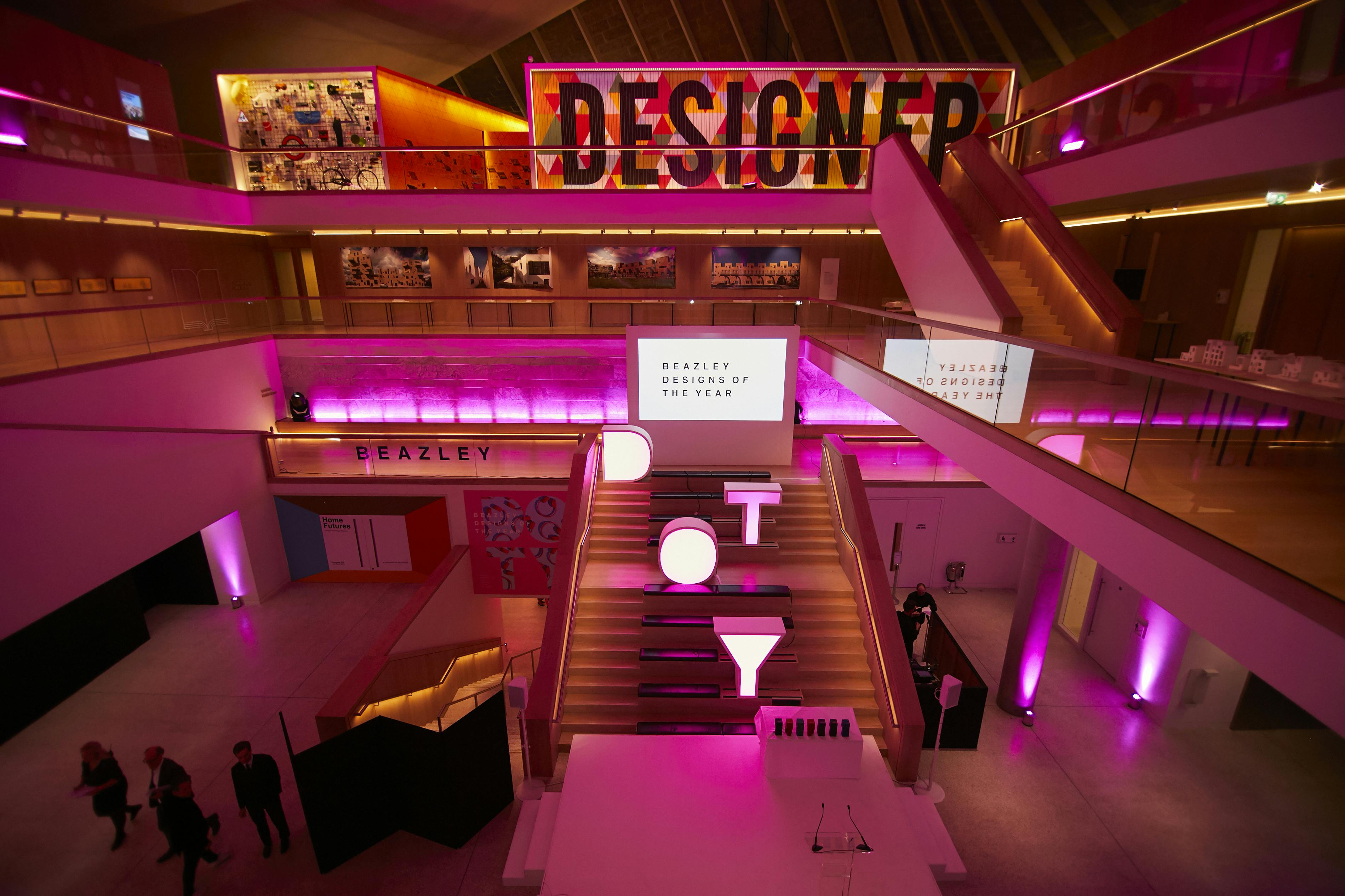 Atrium event space in Design Museum with vibrant lighting for exhibitions and product launches.