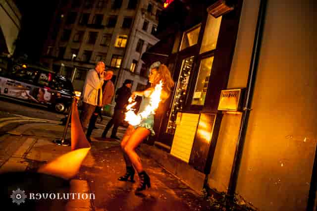 Outdoor fire performer at The Loft, Revolution Oxford Road, Manchester event.