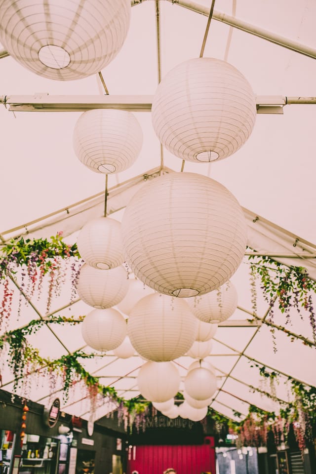 Vauxhall Street Food Garden with glowing lanterns, perfect for weddings and gatherings.