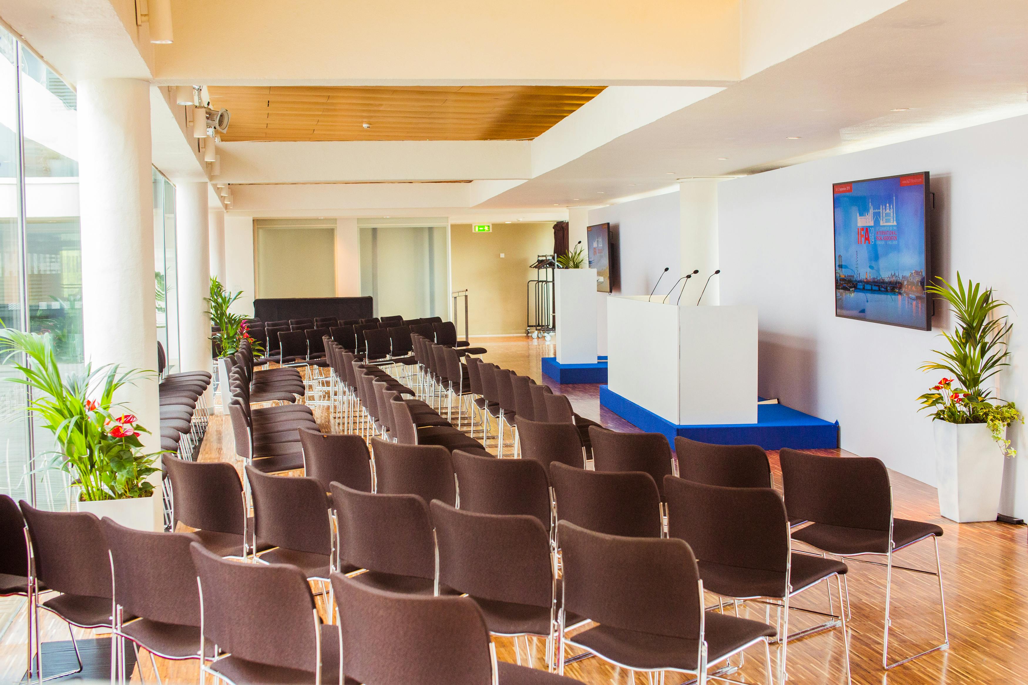 St Paul's Roof Pavilion event space set up for a conference with organized seating and podiums.