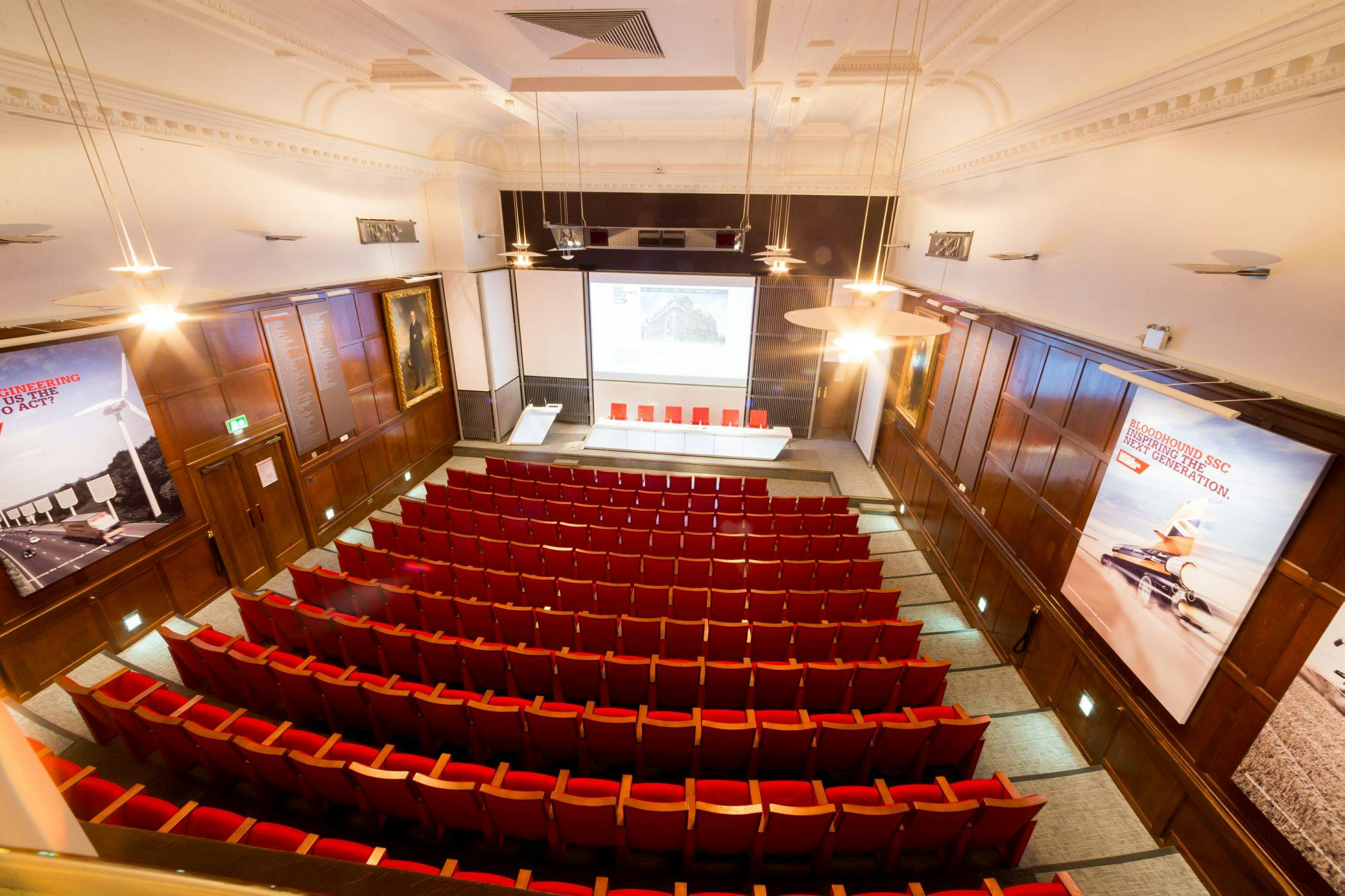 Lecture Theatre at One Birdcage Walk with tiered seating for corporate presentations.