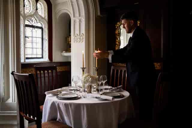 Elegant dining setup at The Oratory, Milestone Hotel for luxury events and intimate dinners.