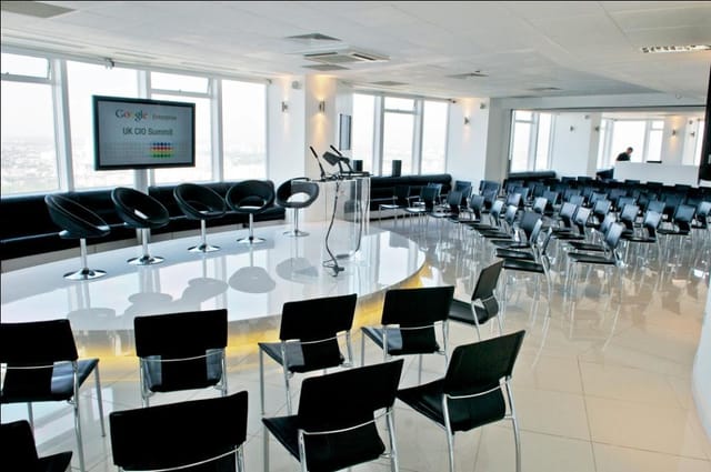 Altitude 360 event space with circular stage, ideal for conferences and networking.