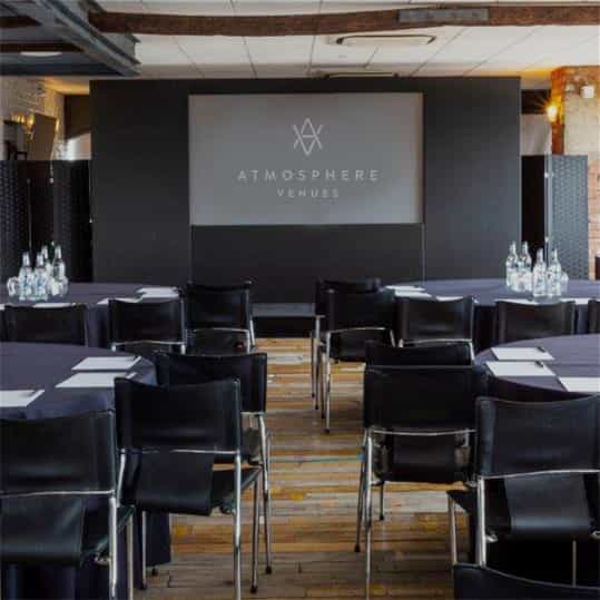Modern meeting room at Skyloft, with round tables and presentation screen for corporate events.