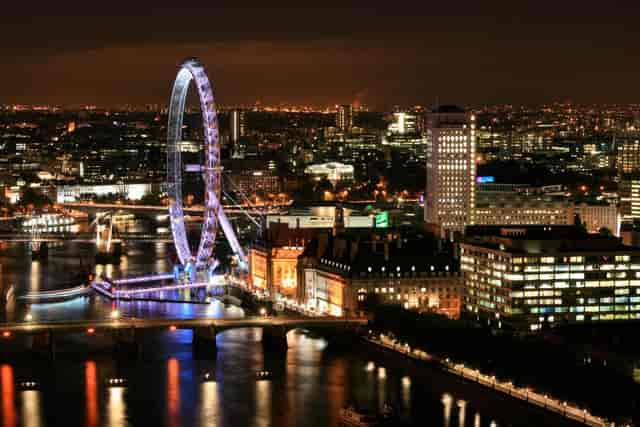 London Eye night view from Atmosphere 28 for memorable events and receptions.