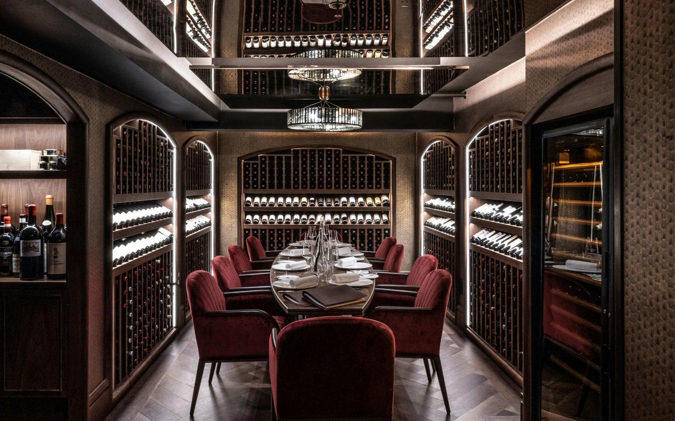 Elegant wine room at Savoy Grill for exclusive corporate events and private dinners.