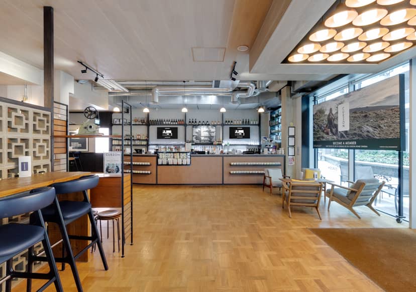 Curzon Aldgate bar area, modern event space for casual meetings and gatherings.