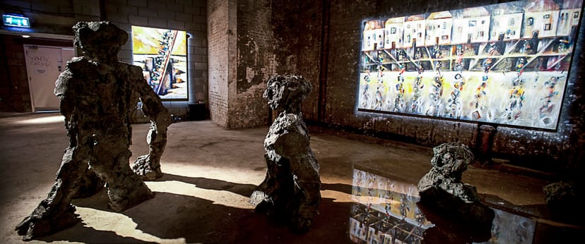 The Short Wet One event space with striking sculptures and dynamic wall art.