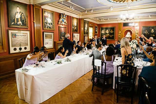 Elegant banquet table in historic Painters' Hall for weddings and celebrations.