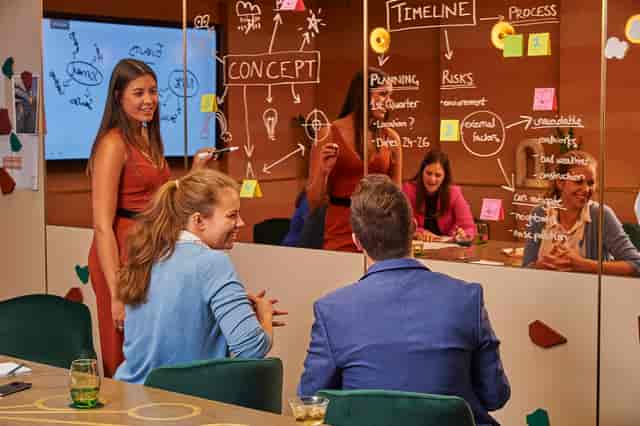 Dynamic brainstorming session at AGORA, Hilton London Bankside with glass board visuals.