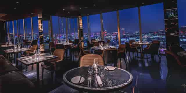 Elegant dining at Aqua Shard with city views, perfect for corporate events and gatherings.