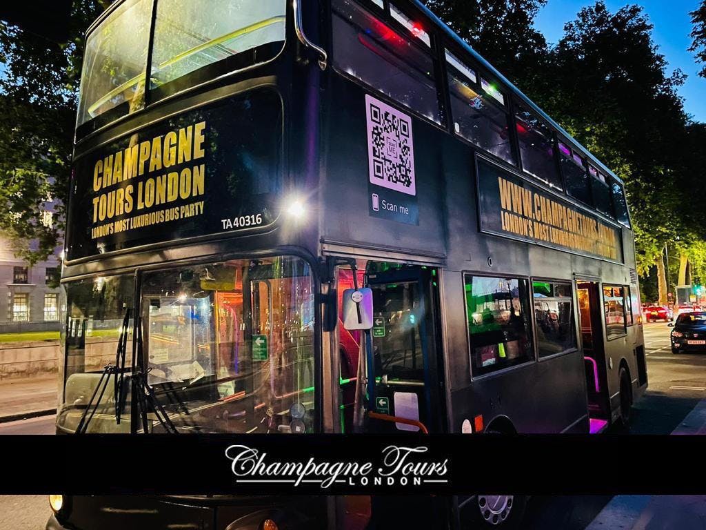 Luxury double-decker bus for Champagne Tours London, perfect for corporate events and celebrations.