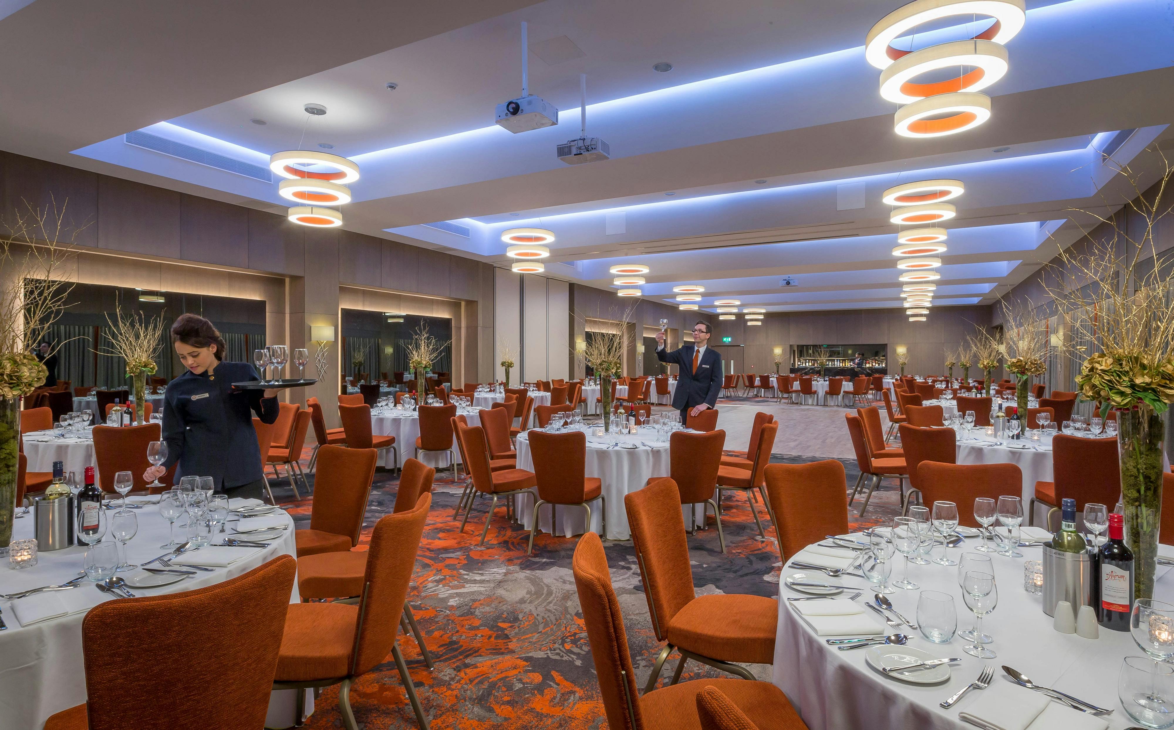 Chiswick Ballroom banquet hall with elegant tables, perfect for corporate events and gatherings.