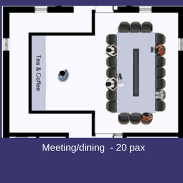Brunswick Suite floor plan for meetings, seating 20 with coffee service area.