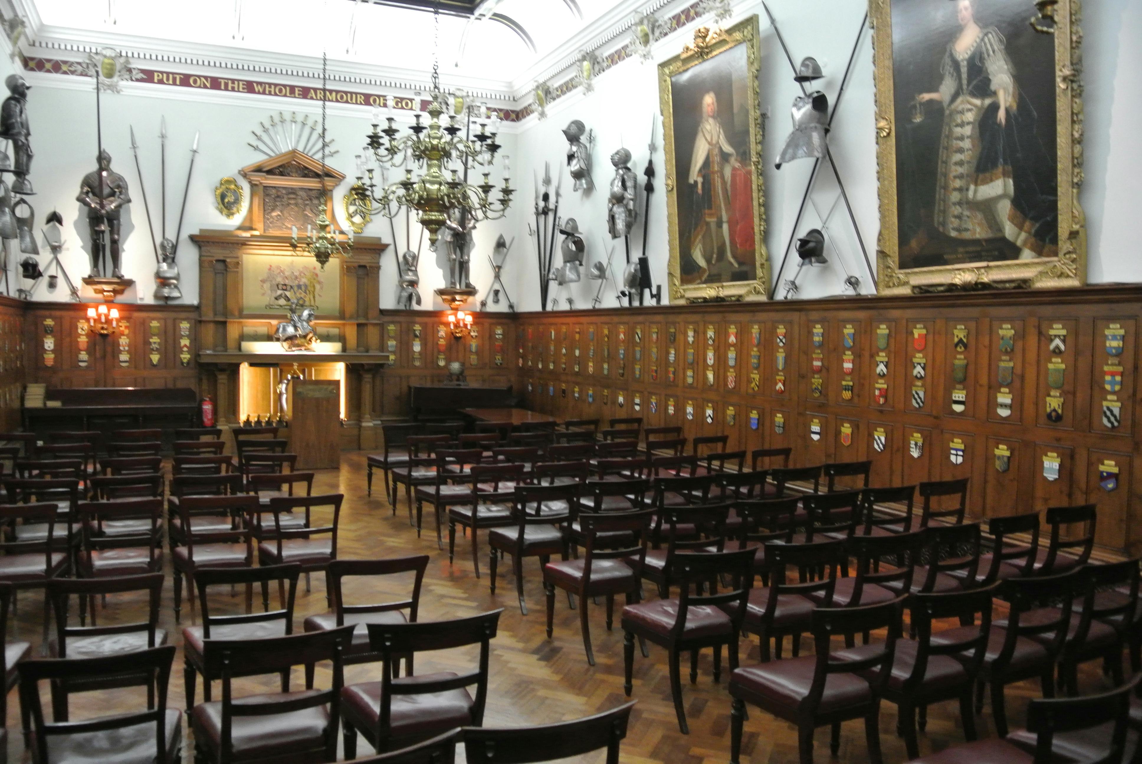 Livery Hall at Armourers' Hall, elegant wooden paneling, ideal for formal events and meetings.