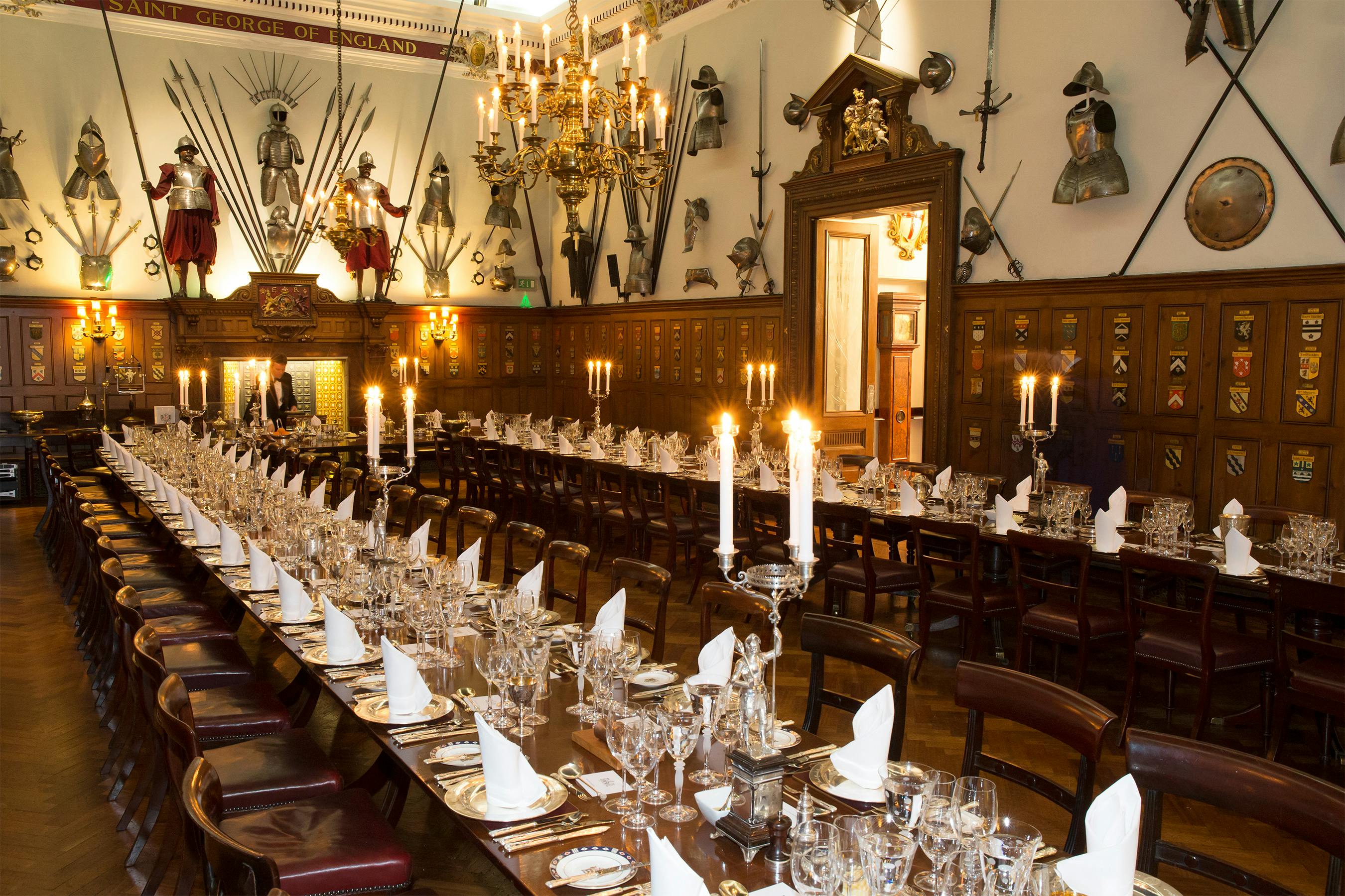 Elegant banquet hall in Armourers' Hall, set for formal dinner or corporate event.