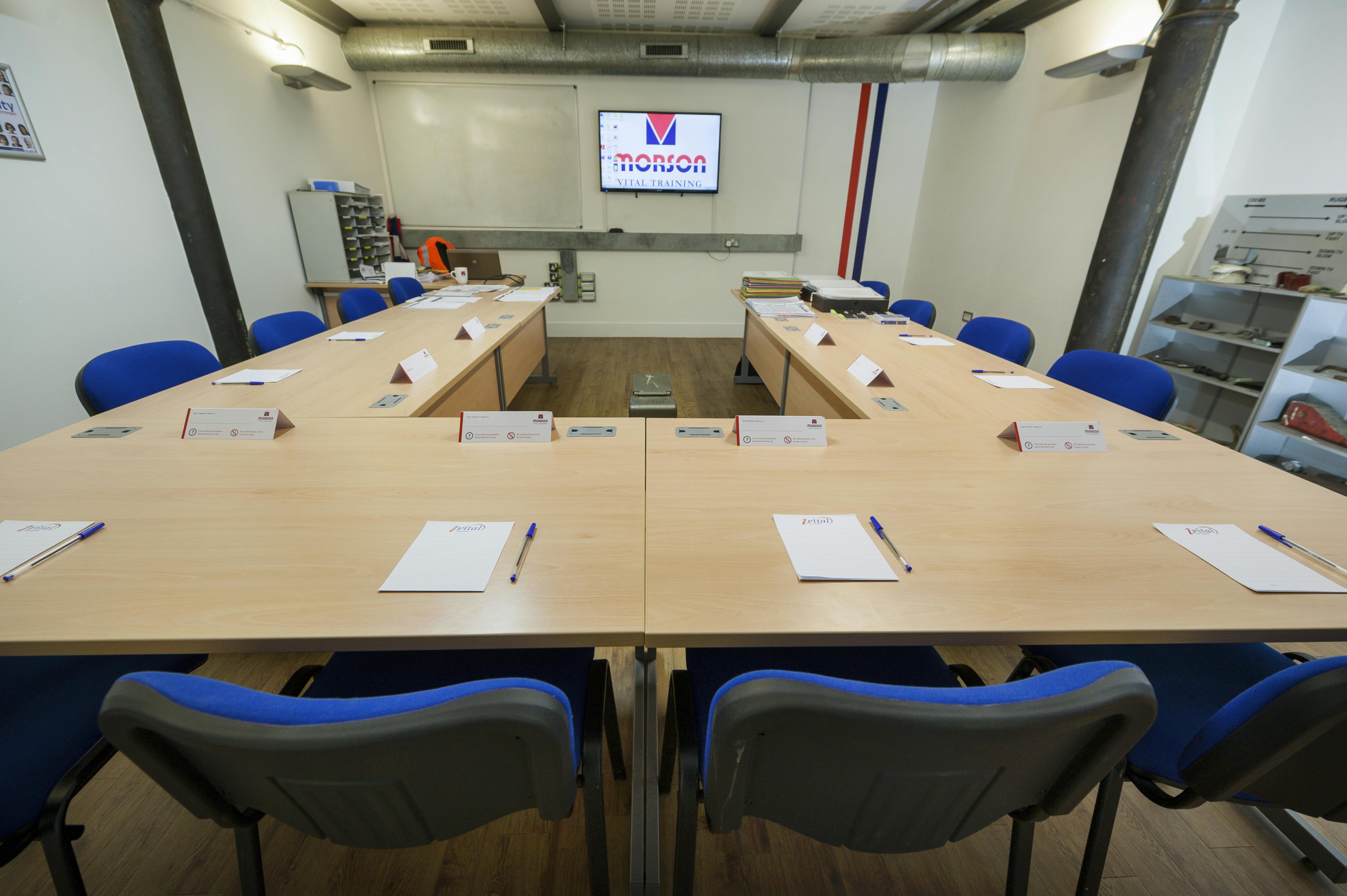Training Room 1 at Morson Vital Training, organized for professional meetings and presentations.