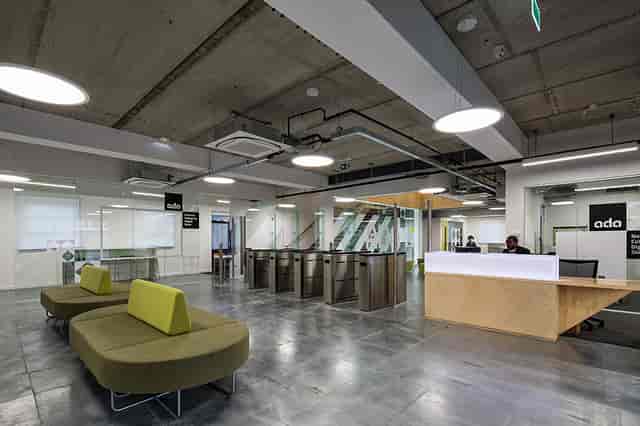 Modern reception area in Glass Pod, Ada National College for Digital Skills, ideal for corporate events.