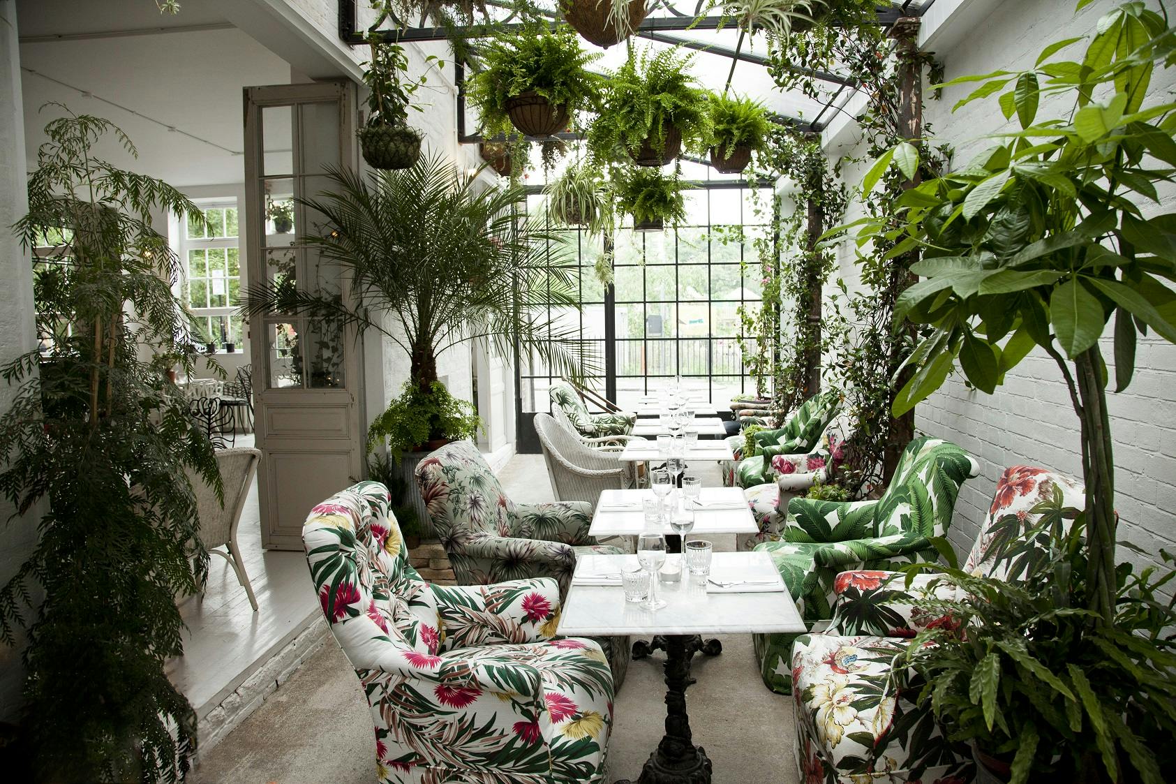 Lush greenhouse venue with colorful seating for creative meetings and networking events.