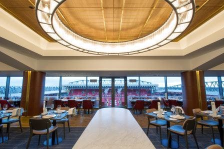 Executive Lounge at Liverpool FC: modern dining space for corporate events and private gatherings.