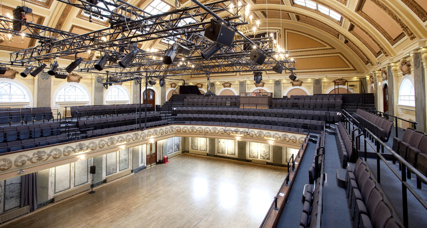 Spacious Assembly Hall in Shoreditch Town Hall, ideal for conferences and performances.