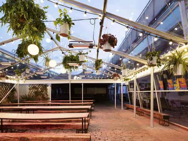 Alt text: Palm House at Peckham Springs, a versatile venue for indoor/outdoor events with lush greenery.