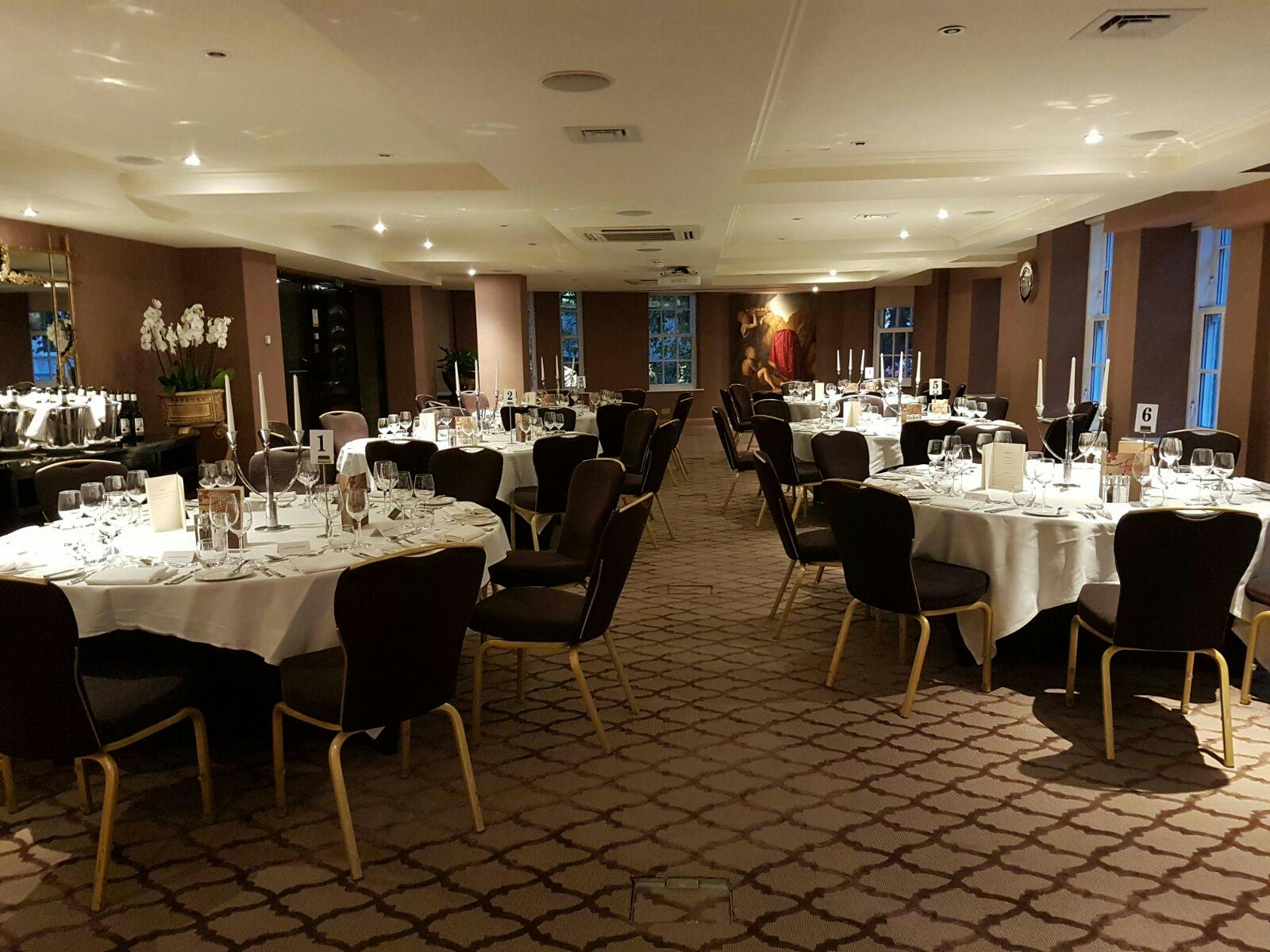 Private Suite 8 at The May Fair Hotel, elegant dinner setup for corporate events and weddings.
