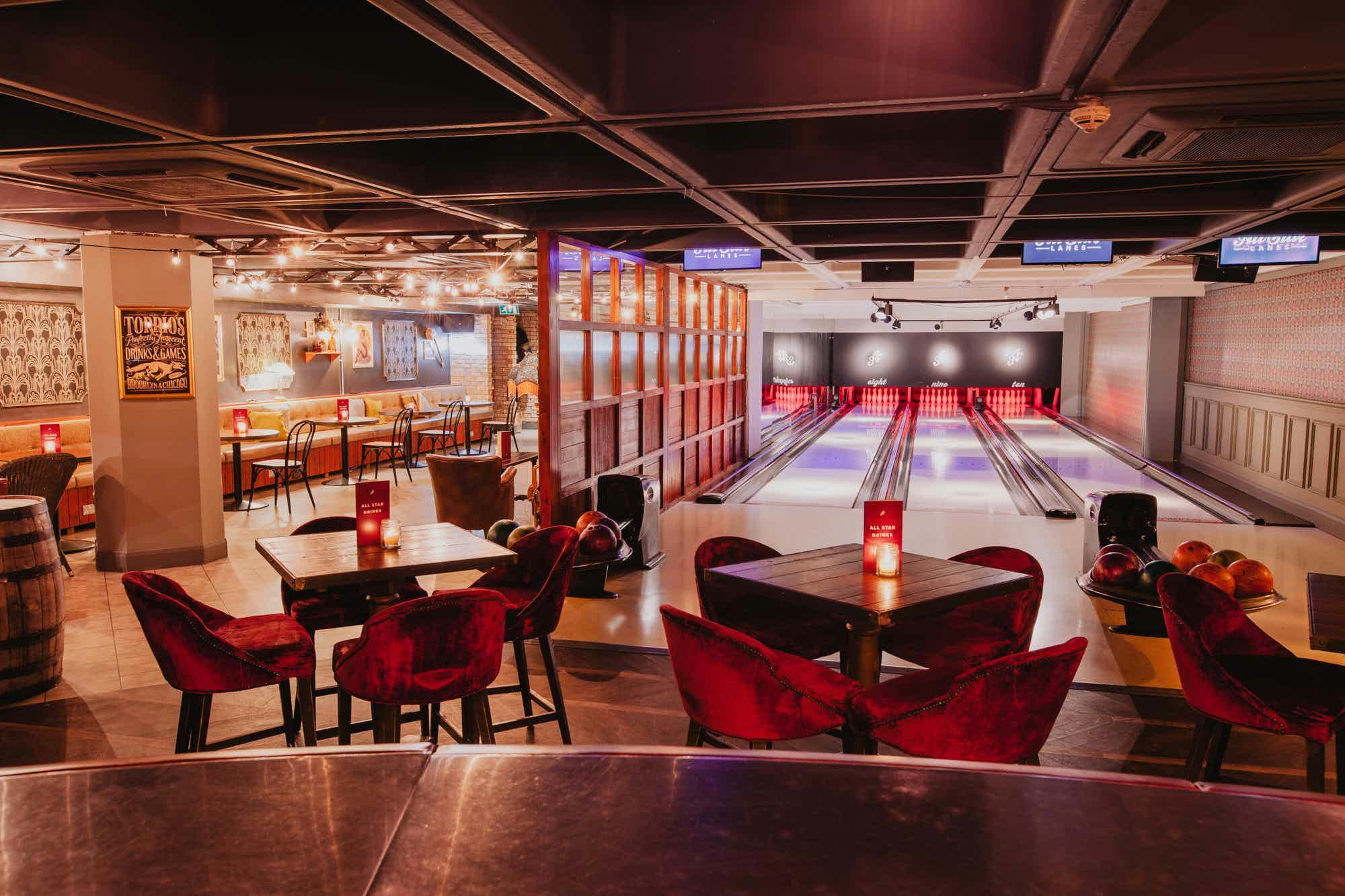 Vibrant bowling alley venue for corporate events and team-building activities.